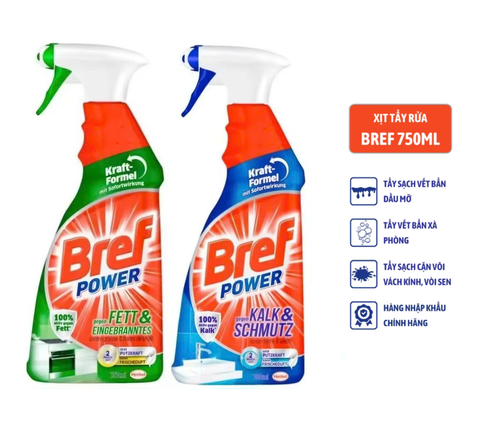 Bình Xịt Tẩy Rửa Đa Năng Bref Power 750ml, nhập khẩu Đức- Tẩy dầu mỡ, Tẩy Bếp, Thiết Bị Nhà Bếp, Nhà tắm, Inox, hiệu quả lên đến 99.9