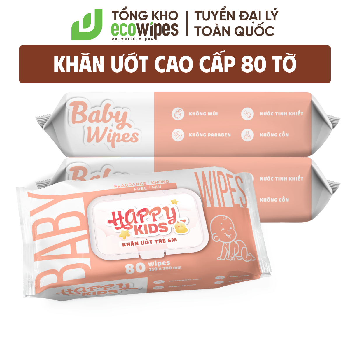 Thùng 10 gói khăn ướt trẻ em Happy Kids gói 80 tờ không mùi siêu tiết kiệm cho bé