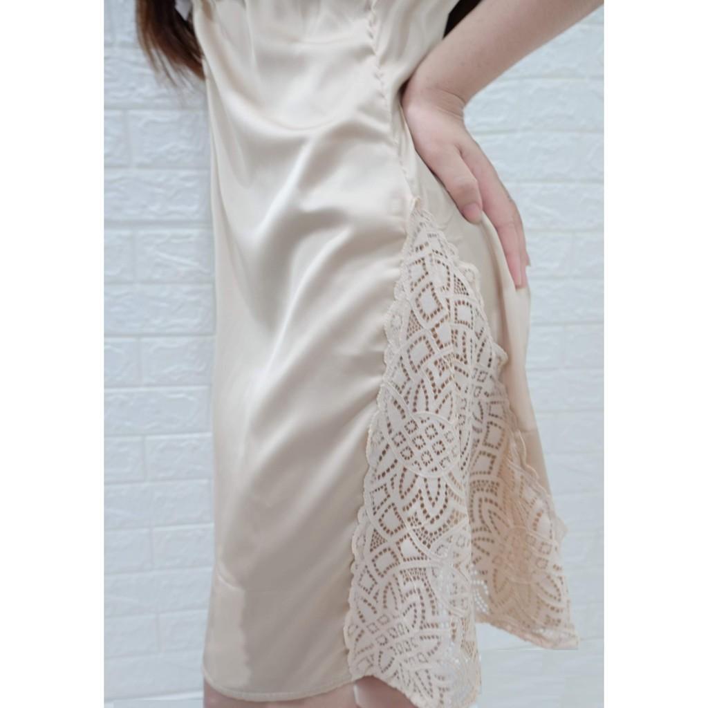 Váy ngủ lụa mặc nhà xinh xắn-màu Nude tặng kèm chip ren xinh xắn