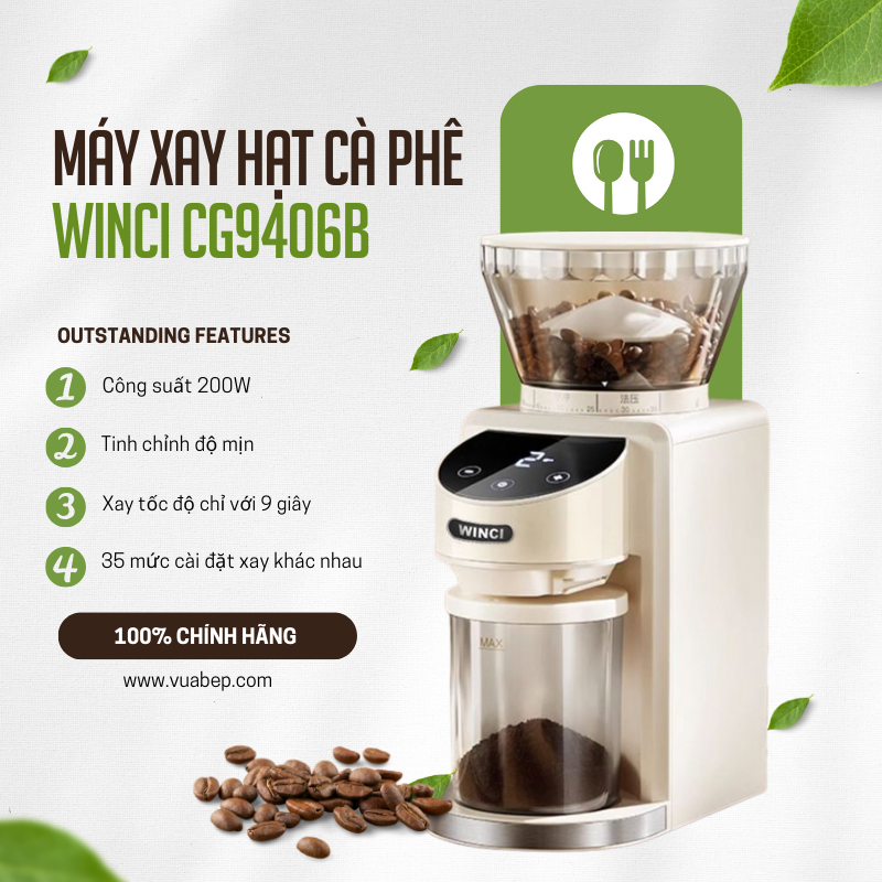 Máy xay hạt cafe Winci, 35 chế độ xay, màn hình cảm ứng, xay mịn - Hàng chính hãng