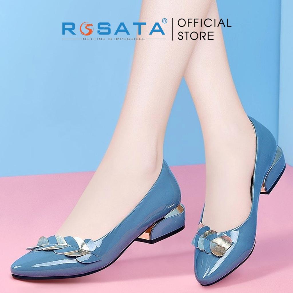 Giày búp bê ROSATA RO300 cao gót nữ 2 phân đi làm êm chân phong cách hàn quốc bít mũi nhọn da trơn họa tiết - Đen