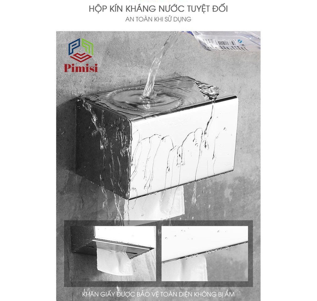 Hộp đựng giấy vệ sinh dán tường inox 304 Pimisi PR-042V dùng để treo - kệ - móc lô giấy vệ sinh có nắp đậy kín chống nước trong phòng tắm dán tường bằng keo kèm theo không cần khoan | Hàng chính hãng