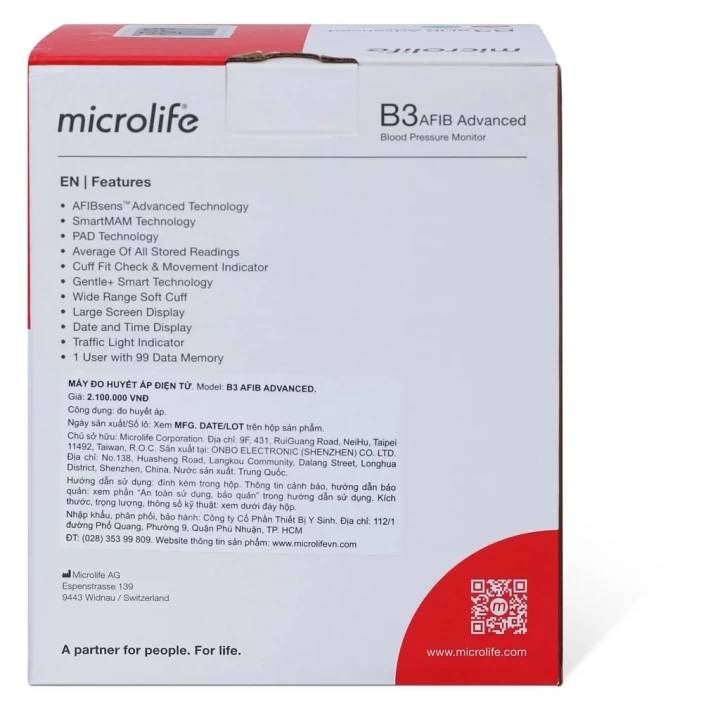 Máy Đo Huyết Áp Bắp Tay Microlife B3 AFIB Advanced, Cảnh Báo Rung Nhĩ, Phòng Đột Quỵ