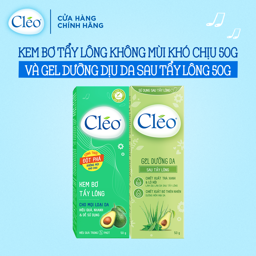 Combo Kem Bơ Tẩy Lông Cléo 50g Hương Thơm Dễ Chịu cho Mọi Loại Da kể cả Da Nhạy Cảm và Gel Dưỡng Da Sau Tẩy Lông Cleo 50g