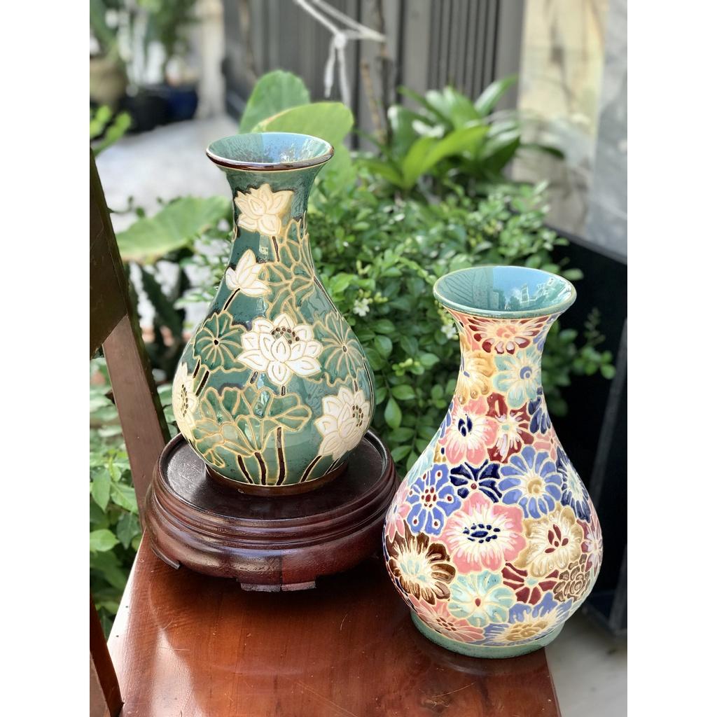 Bình bách hoa và hoa sen gốm sứ biên hòa trang trí cấm hoa 31cm