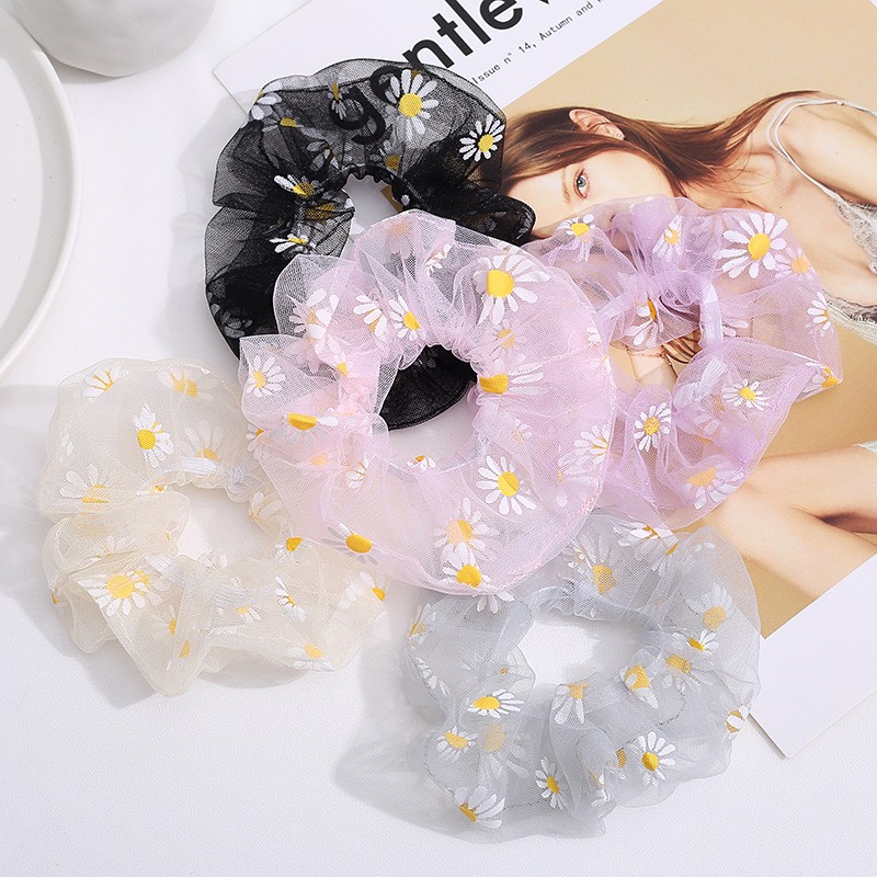 Cột Tóc Vải Scrunchies Họa Tiết Hoa Cúc Trong Suốt SC02