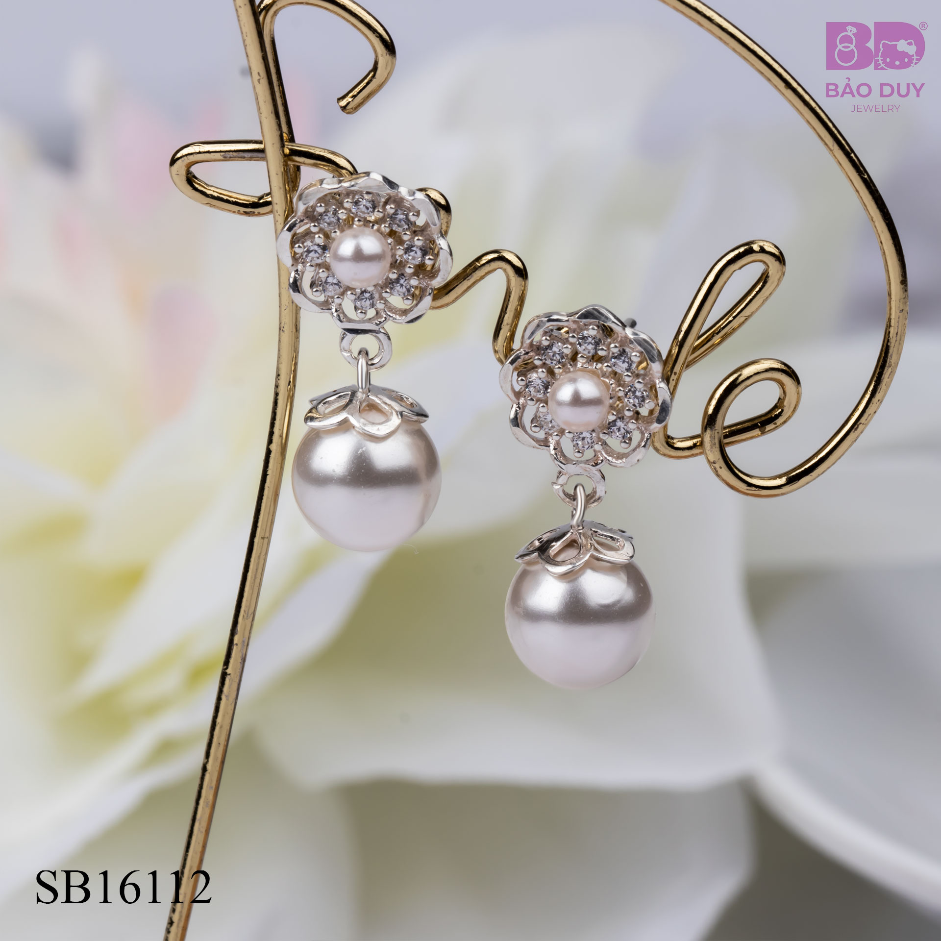 Bông tai bạc nữ hoa đính đá charm châu Bảo Duy Jewelry - SB16112