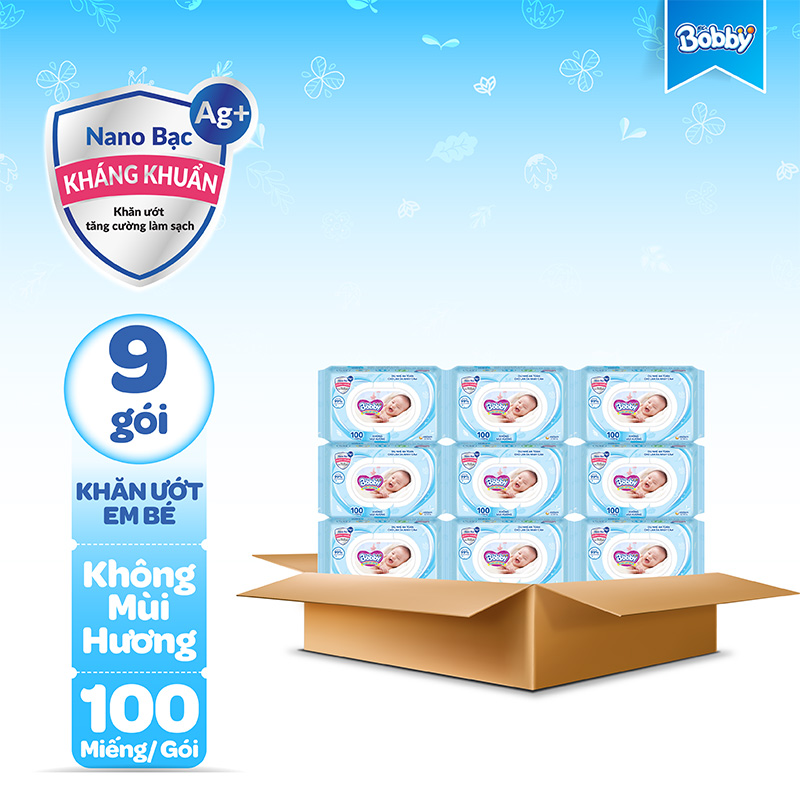 Combo 9 khăn ướt Bobby Care không hương 100 miếng