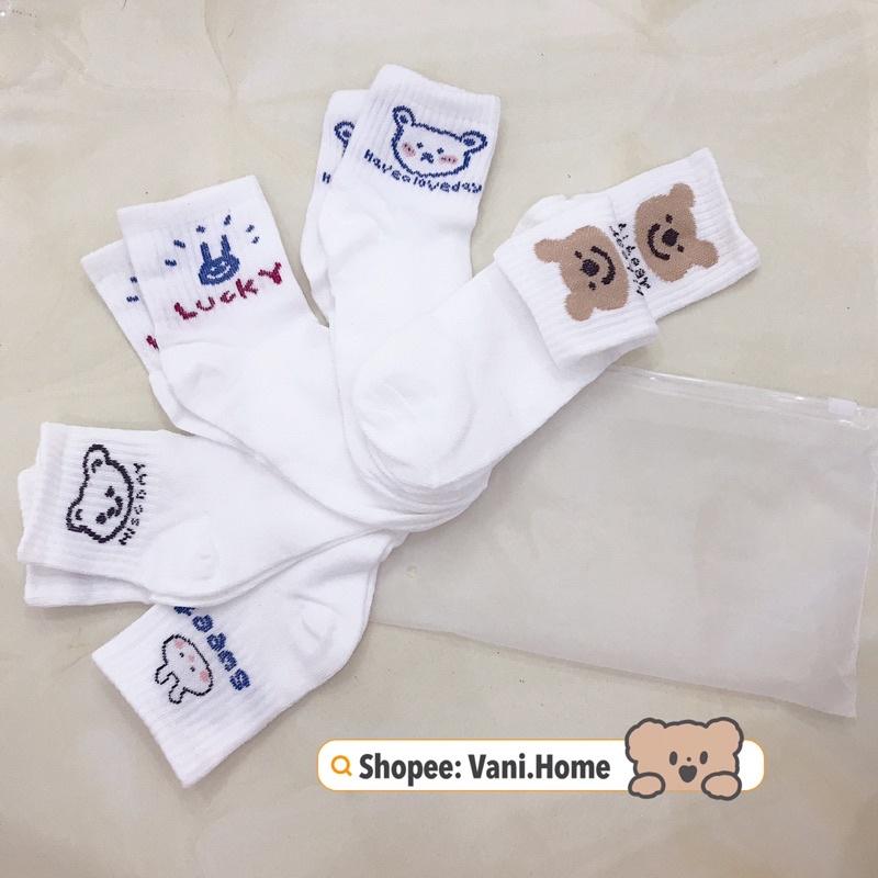 Set 5 đôi tất cổ cao, vớ nữ cổ cao trắng hoạ tiết hình gấu dễ thương vải co giãn thời trang phong cách Hàn Quốc.