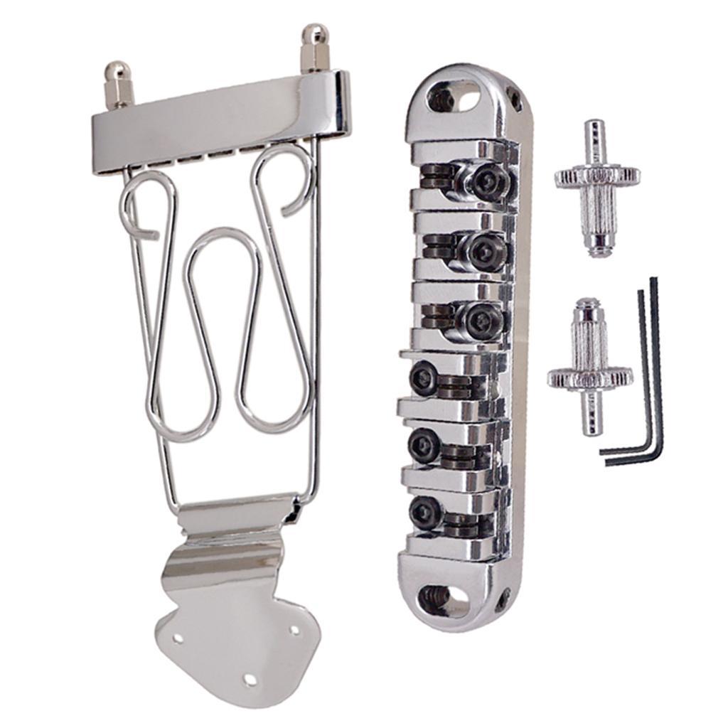 6 String Guitar Trapeze Tailpiece Bridge with Roller Saddle Bridge, Lock Posts and Wrench for Jazz Archtop Guitar
