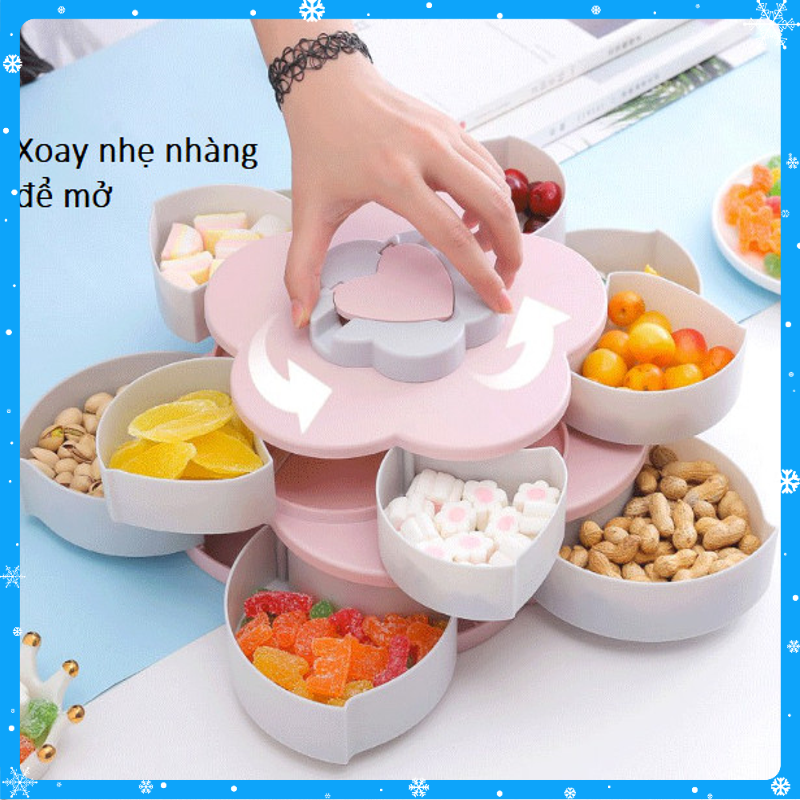 KHAY ĐỰNG MỨT TẾT, Hộp mứt xoay 2 tầng  xèo hình cánh hoa xinh xắn có rãnh đựng điện thoại tiện lợi. - XANH - Hàng Chất Lượng