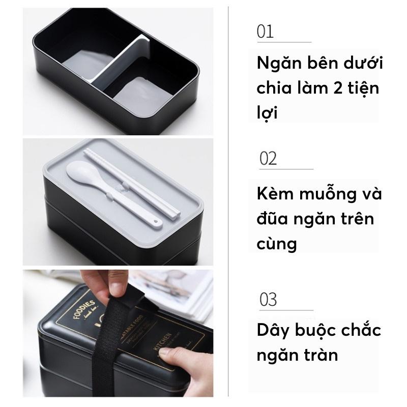 Bộ 3 Sản Phẩm Hộp Cơm Trưa 2 Tầng Cốc Đựng Canh Và Túi Giữ Nhiệt Màu Đen Phong Cách Bắc Âu Siêu Đẹp
