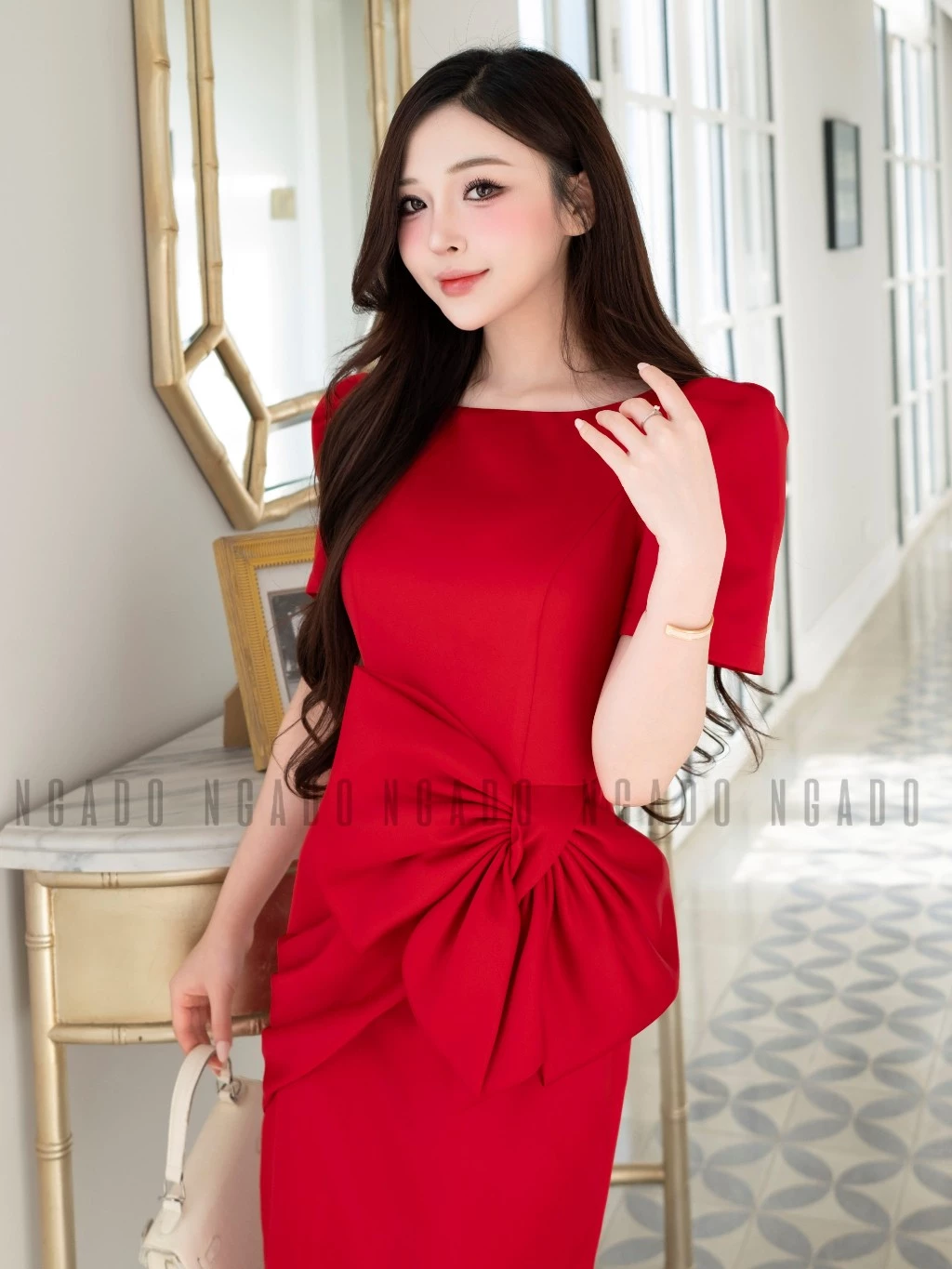 Đầm đỏ cổ thuyền phối nơ NGADO , đầm bút chì , đầm dự tiệc , đầm công sở