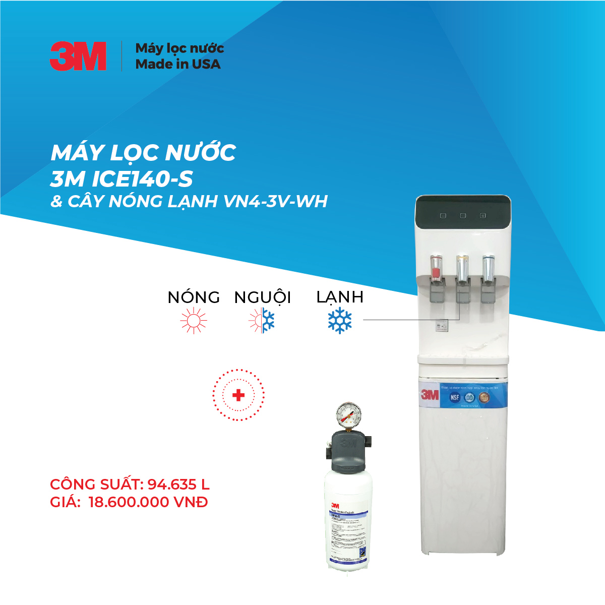 Máy Lọc Nước Nóng Lạnh 3 Vòi 3M VN4-3V Màu Trắng (Sử Dụng Máy 3M ICE140-S) - Hàng Chính Hãng