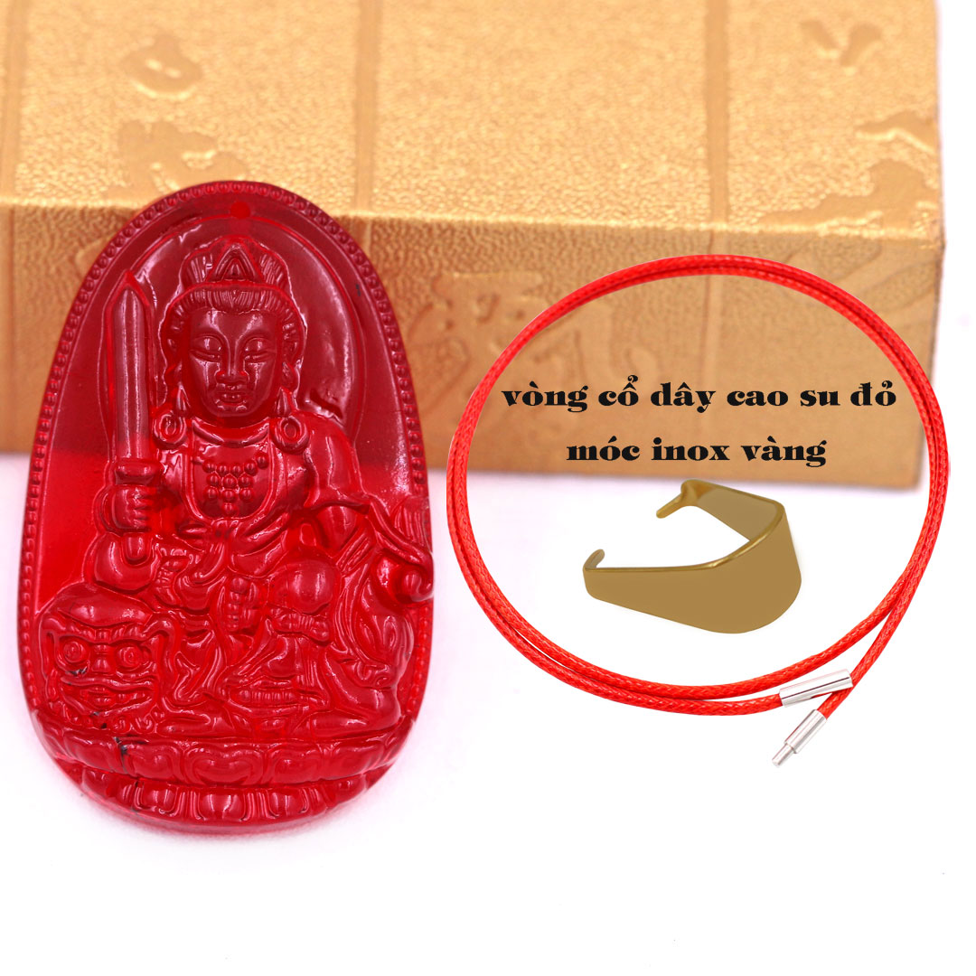 Mặt Phật Văn thù pha lê đỏ 3.6 cm kèm móc và vòng cổ dây cao su đỏ, Mặt Phật bản mệnh