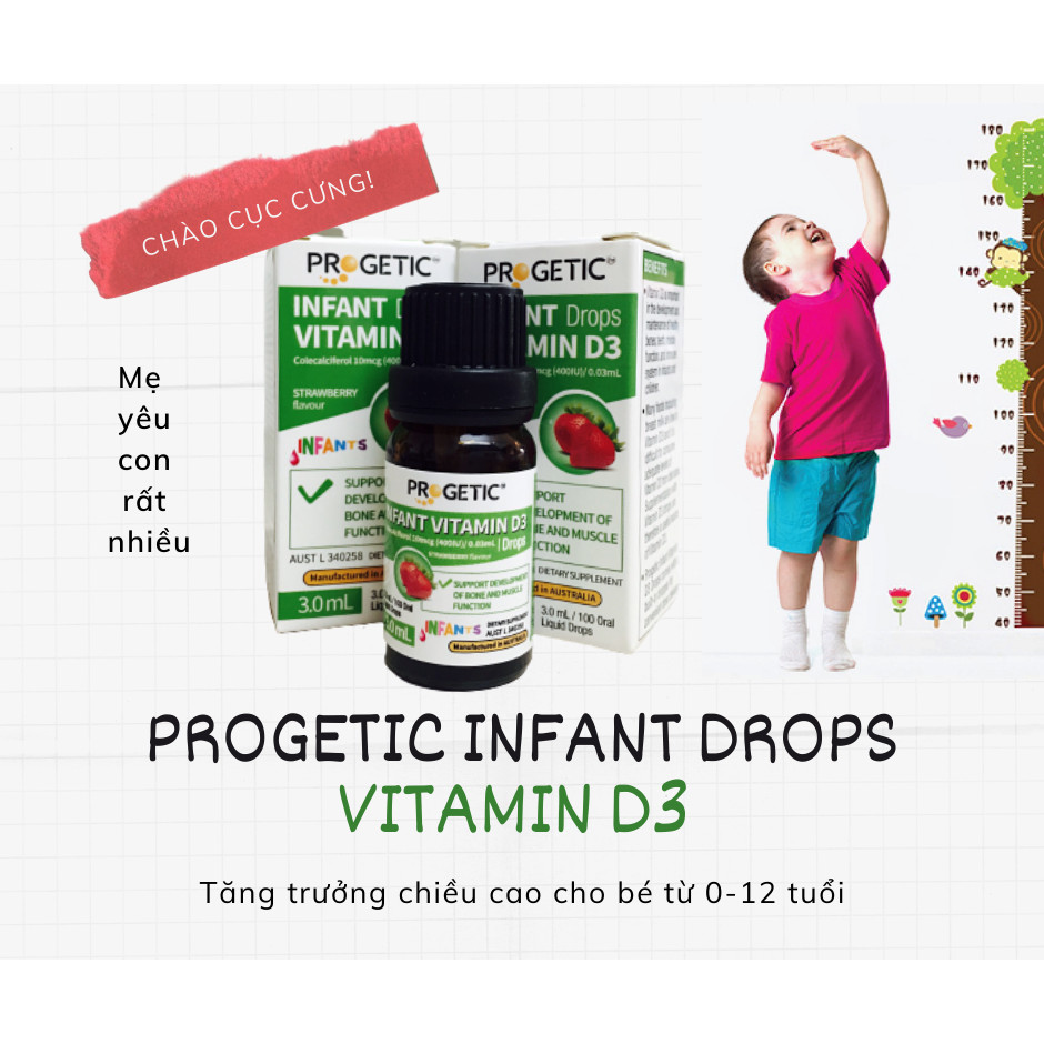 Vitamin D3 của PROGETIC ÚC bổ sung vitamin d3 nguyên chất hỗ trợ phát triển hệ sương, răng cho bé 0-12 tuổi