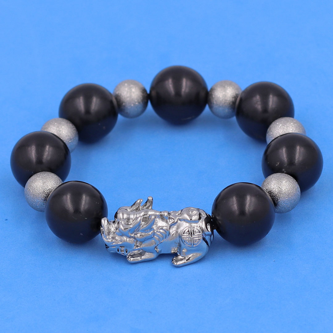 Chuỗi đeo tay gỗ mun 18 ly charm tỳ hưu và bi inox, chuỗi hạt size XXL, vòng chuỗi đeo tay size lớn, vòng chuỗi phong thủy size lớn