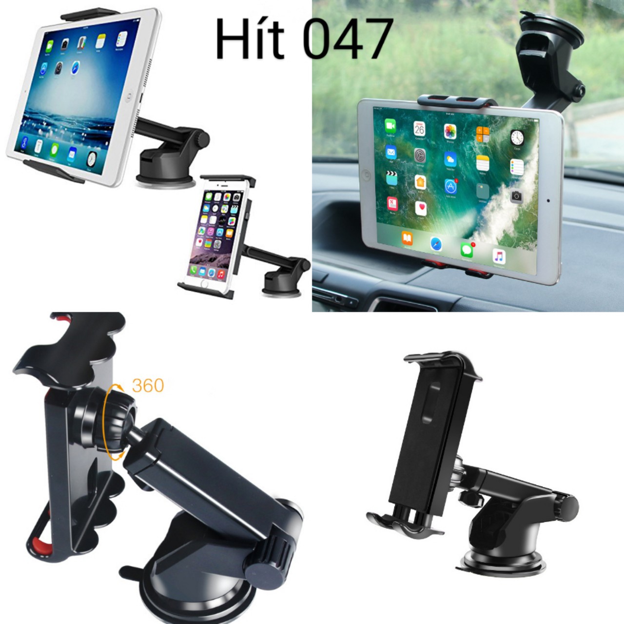 ]Kẹp đế hít ĐT máy tính bảng trên xe hơi xoay 360 độ