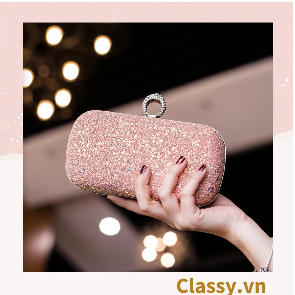 Clutch Classy cầm tay đi tiệc hình thoi , đính kim tuyến lấp lánh T590