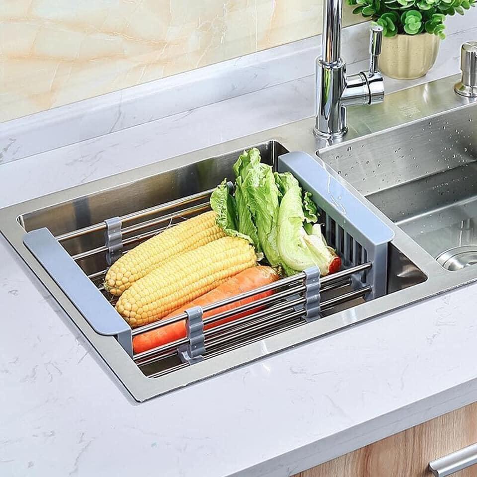 Khay inox gác bồn rửa chén co giãn tiện dụng