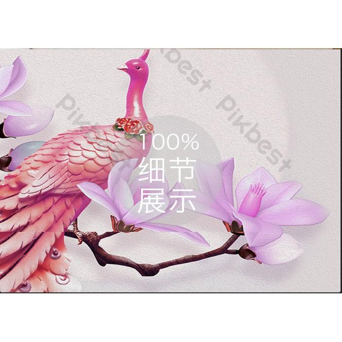 Tranh dán tường Bình bông hoa anh đào và chim công nghệ thuật, Tranh dán tường 3d hiện đại n MS932760
