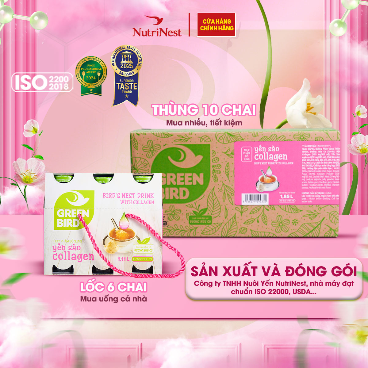 Nước Yến Sào Và Collagen Green Bird Thanh Mát Cơ Thể Chai 185ml