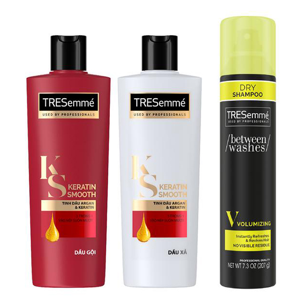 Bộ 3 Tresemme Keratin Smooth Vào Nếp Suôn Mượt &amp; Khô Sạch Tăng Độ Phồng (Gội 340g + Xả 340g + Dầu Gội Khô 121g)