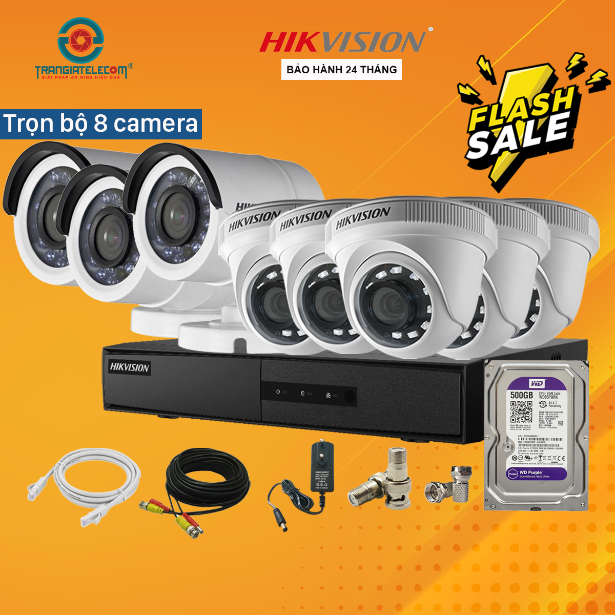 Trọn Bộ Camera 8 Mắt Hikvision 2.0MP Full HD Đầy Đủ Phụ Kiện - Hàng Chính Hãng