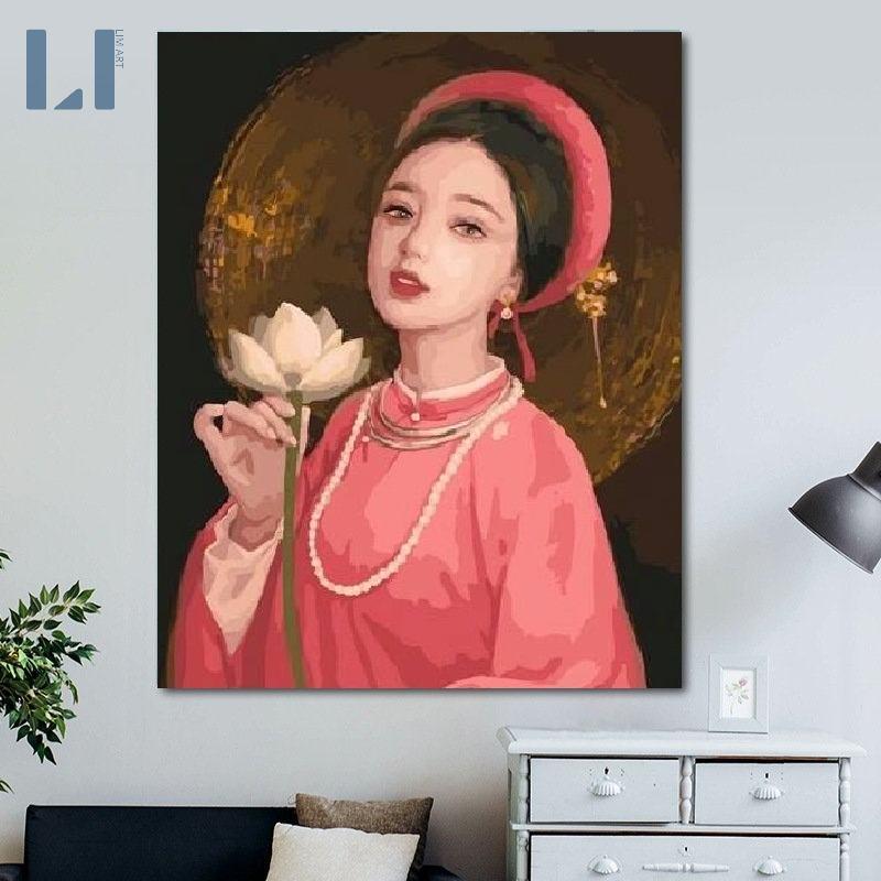 Tranh sơn dầu sô hóa khung - Tranh tô màu theo số cô gái Việt Nam T127
