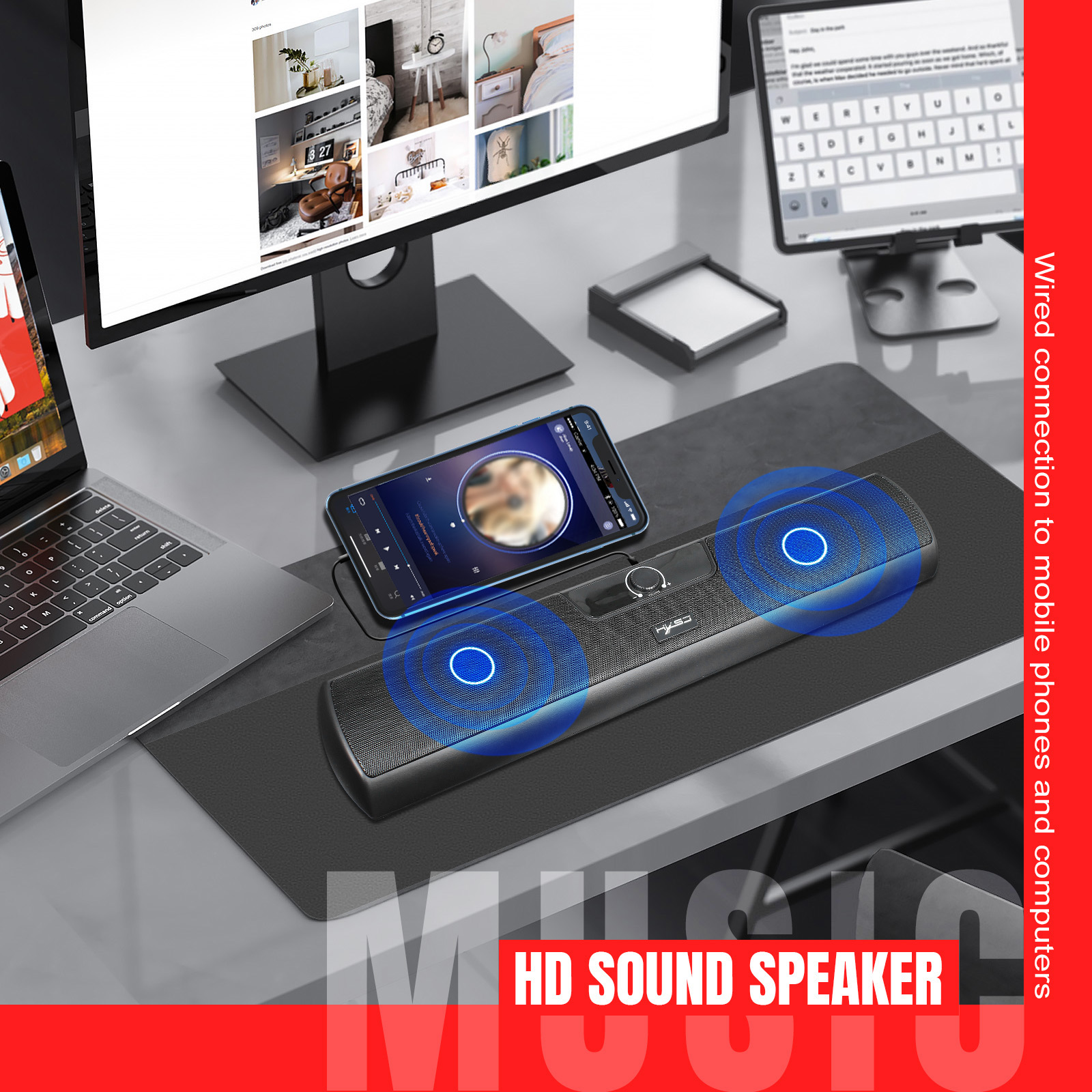 HXSJ Q3 3.5mm Wired Computer Speaker 10W Soundbar Home Theater PC Sound Bar Volume Control USB Powered for TV Laptop
