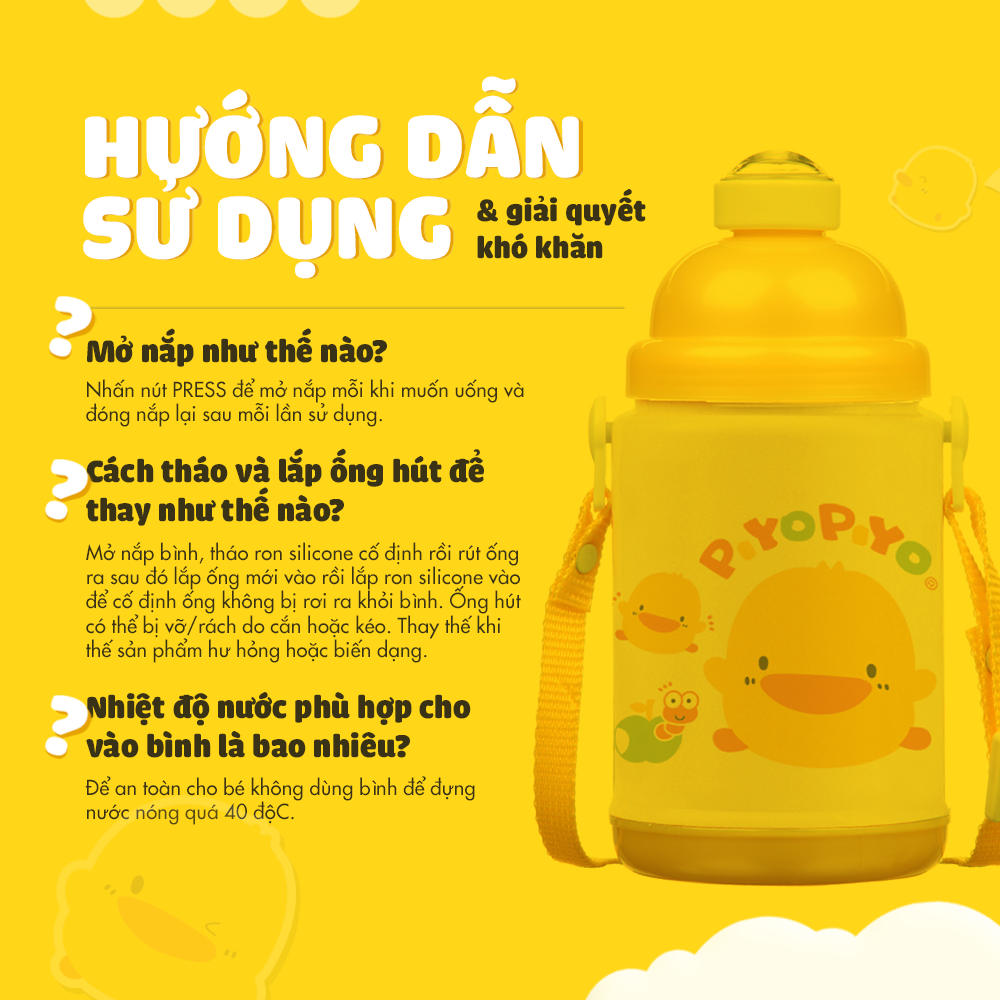 Bình giữ nhiệt cho bé đi học có dây đeo Piyo Piyo 375ml bấm để mở, ống hút chống tràn