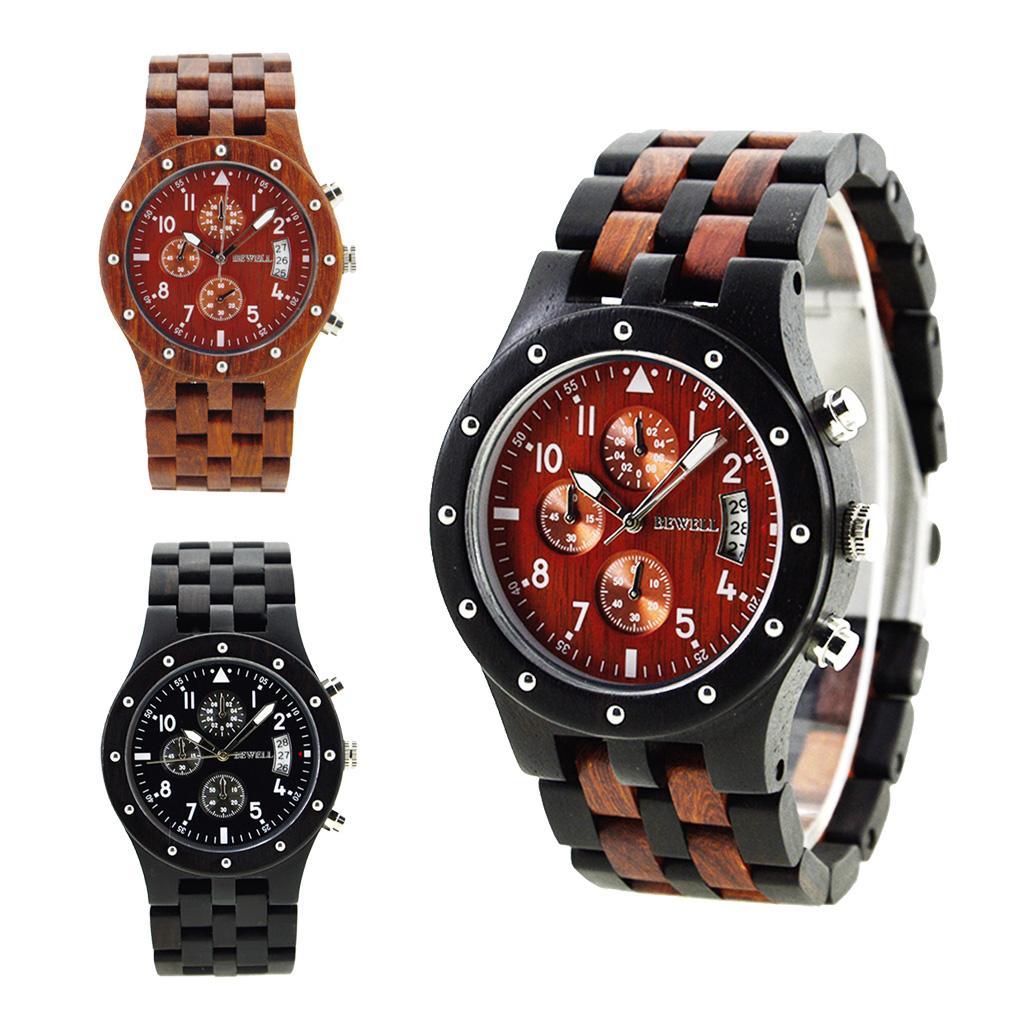 Bewell Sub-dials Wooden Watch Quartz Analog Movement Date Wristwatch