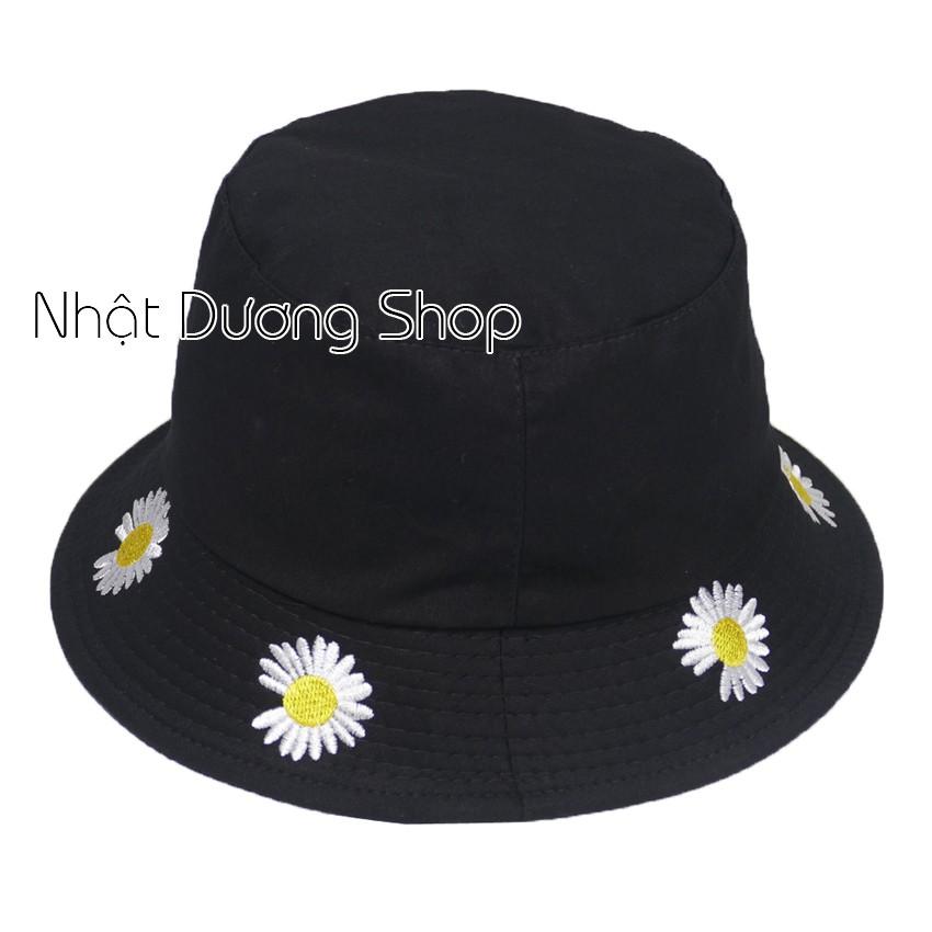 Nón tai bèo thêu hoa cúc xung quanh vành nón - Đen