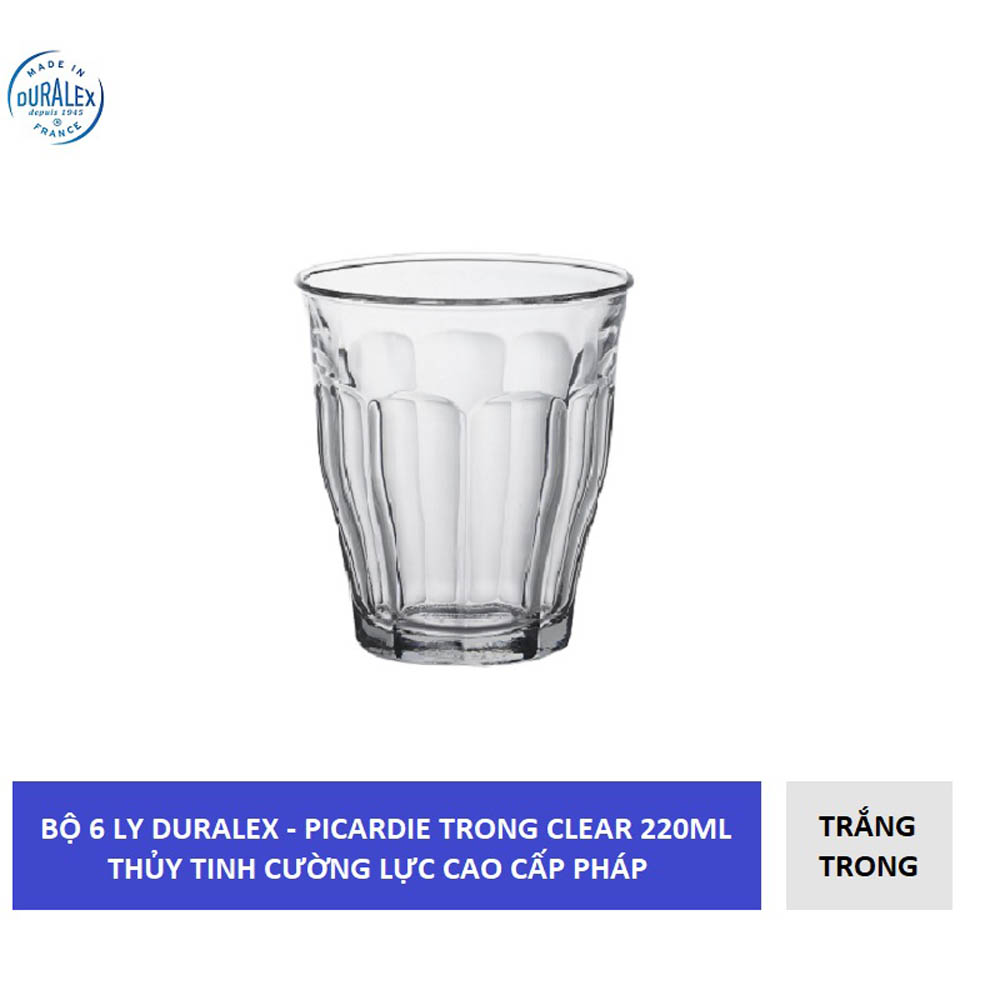 Bộ 6 ly D1026A Duralex - Picardie trắng Clear 220ml Thủy tinh cường lực cao cấp Pháp