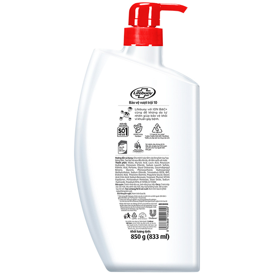 Sữa Tắm Lifebuoy Sạch Khuẩn Bảo Vệ Khỏi 99.9% Vi Khuẩn Chứa Ion Bạc+ Hỗ Trợ Cùng Đề Kháng Da Tự Nhiên Chai 800G