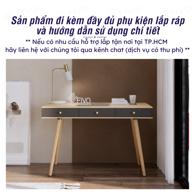 Bàn Học, Bàn Làm Việc Gỗ Lõi Xanh Chống Ẩm Đa Năng FD02 FIVO, Thiết Kế Sang Trọng Chân Gỗ Chắc Chắn Phù Hợp Mọi Không Gian