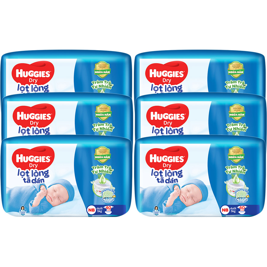 Thùng 6 Tã dán sơ sinh Huggies NB40 (dưới 5kg) - Gói 40 miếng Tràm Trà