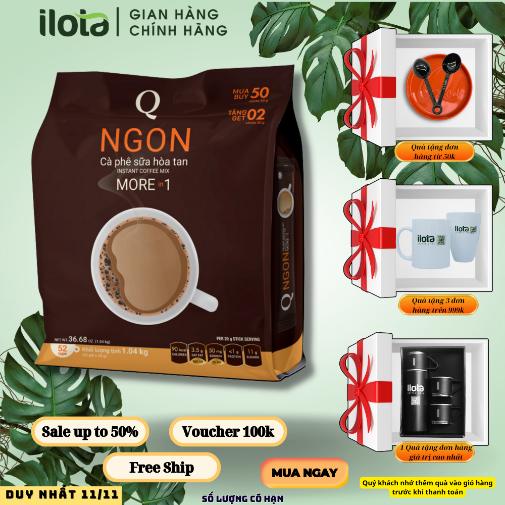 Cafe Hoà tan 3 in 1 Ngon (Bịch To 52 gói) Trần Quang