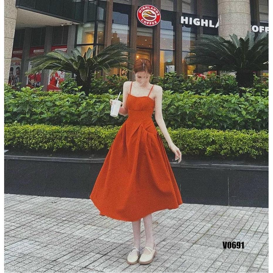 Đầm váy nữ hai dây xòe tùng màu sắc cam chào hè sang chảnh giúp nàng nổi bật dạo phố, dự tiệc, đi biển