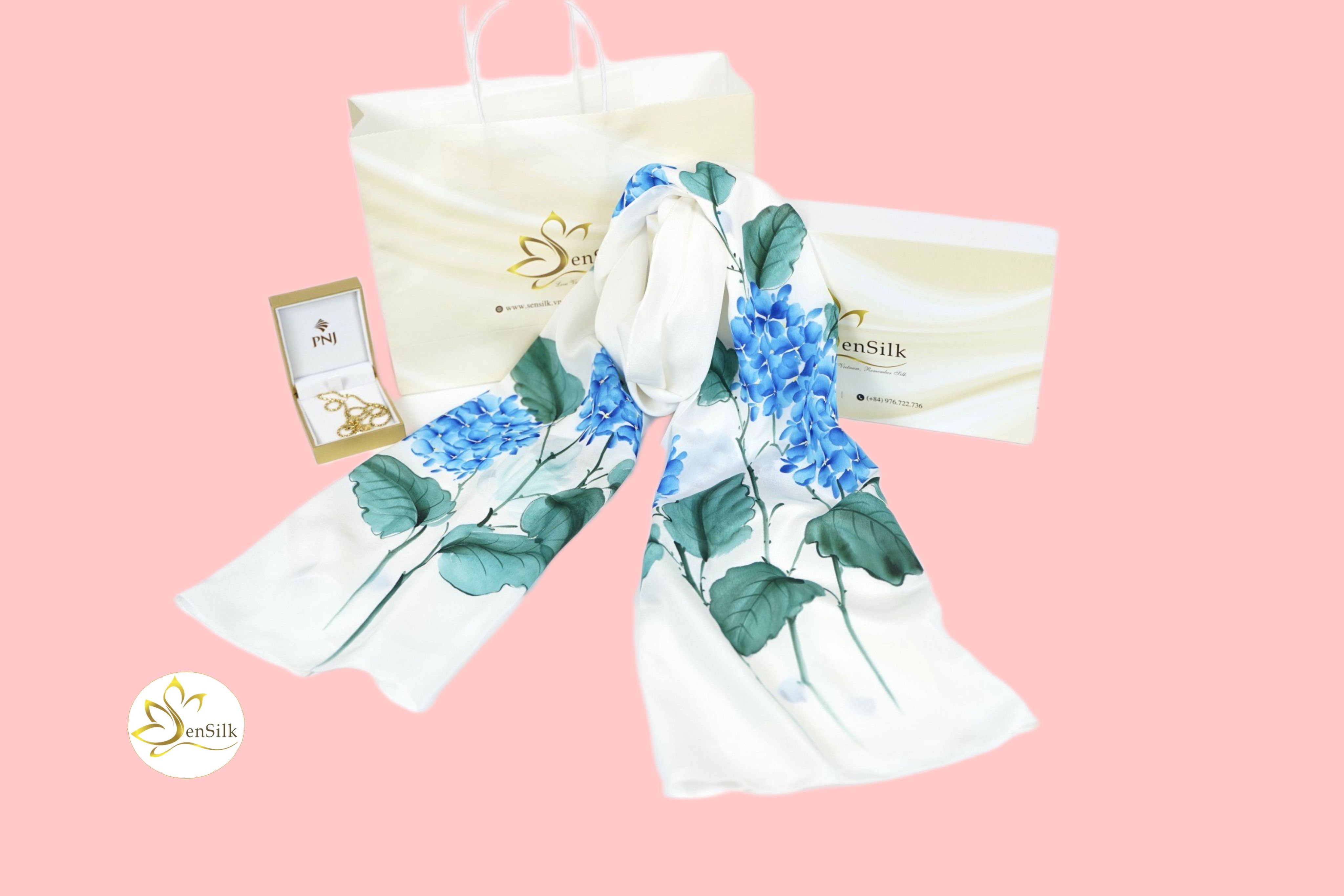Silk Hand Painted 100% Pure Silk - Khăn Lụa Cao Cấp Vẽ Tay Cẩm Tú Cầu - Quà Tặng Khăn Lụa