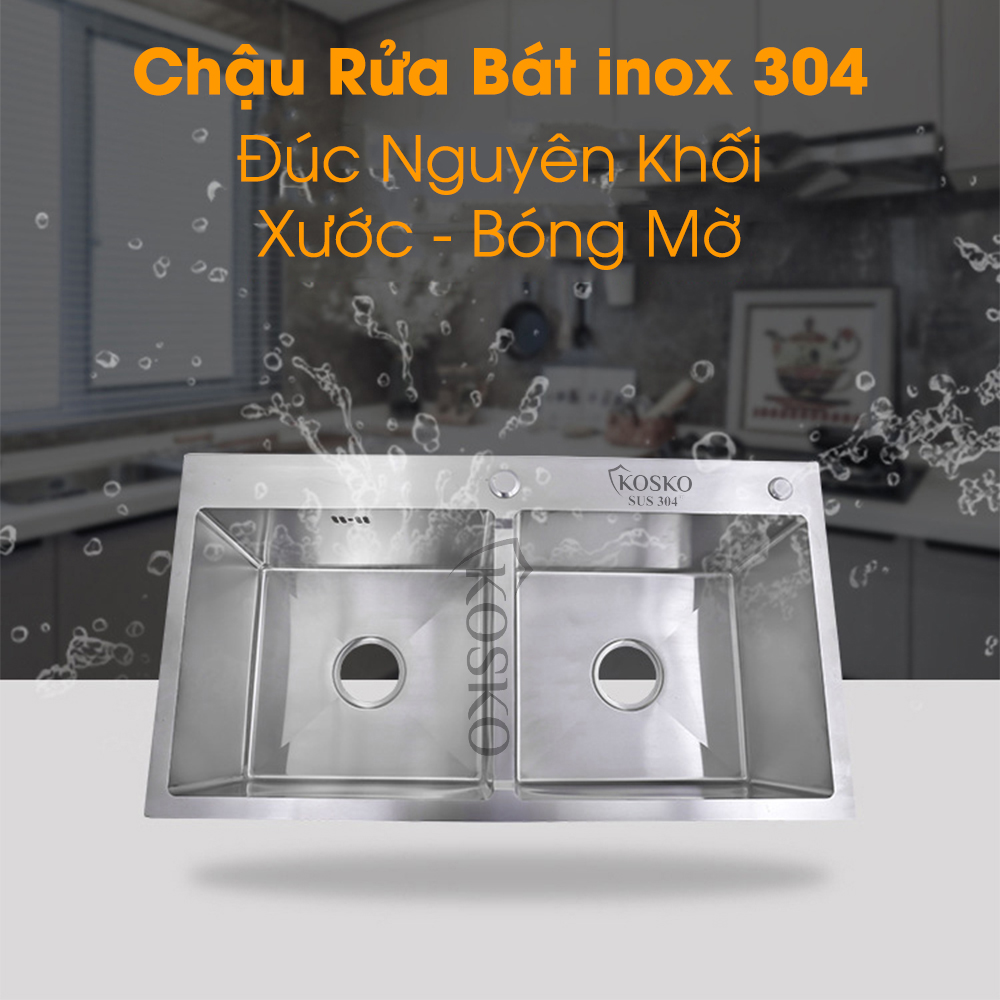 Bồn rửa chén inox 304 KOSKO, chậu rửa chén bát 82x45cm đúc cân lắp được nhiều loại vòi nước rửa chén