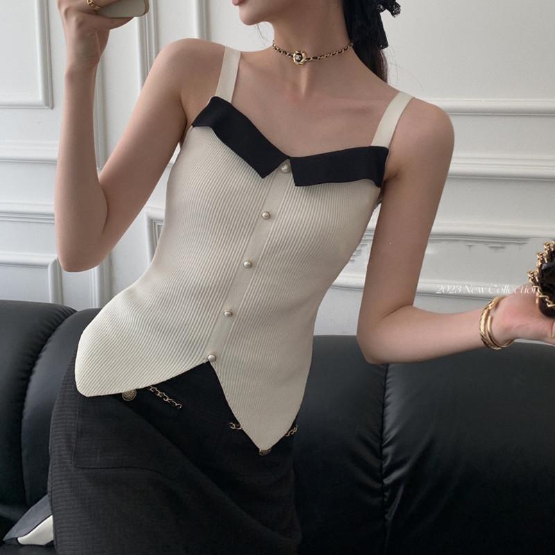 MS1106 Áo hai dây nữ bản to phối màu thanh lịch sang trọng