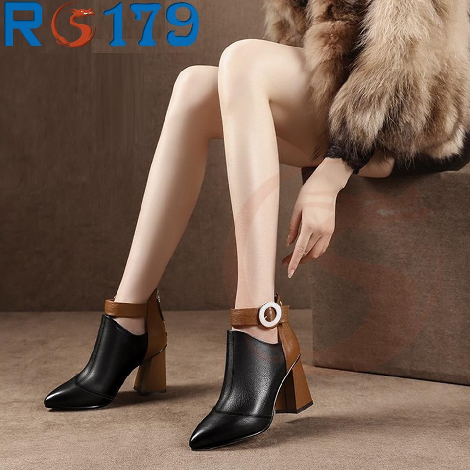 Boot thời trang nữ phối màu cao cấp ROSATA RO179 7p gót trụ - Đen nâu - HÀNG VIỆT NAM - BKSTORE