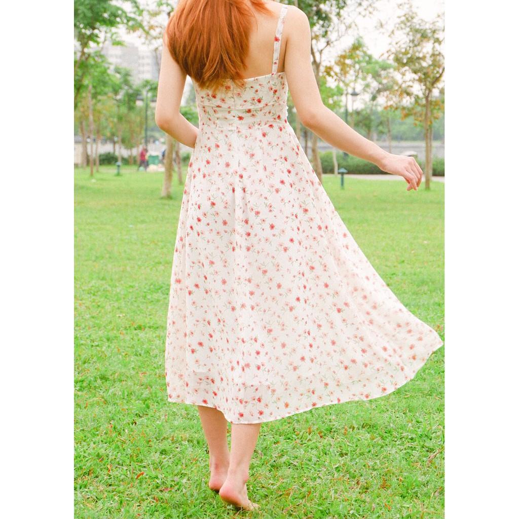 Váy đầm thiết kế 2 dây hoa nhí dáng dài xoè maxi cúp ngực sexy thắt eo có lớp lót vải chiffon mát đi chơi đi biển