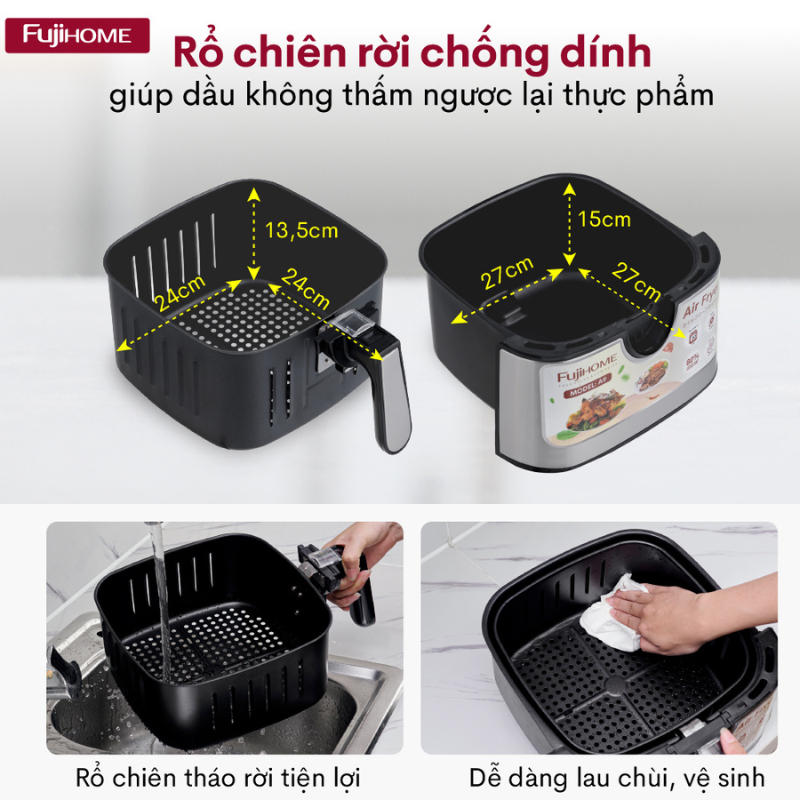 Nồi chiên không dầu FUJIHOME A9 dung tích 9.2 lít, Công suất 1800W, Thiết kế hiện đại trang nhã, Tháo lắp đơn giản dễ dàng vệ sinh, Hàng chính hãng BH 24 tháng