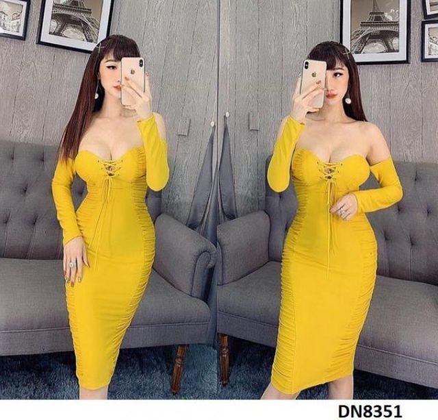 Đầm bẹt vai cúp ngực đan dây rút nhúng sexy