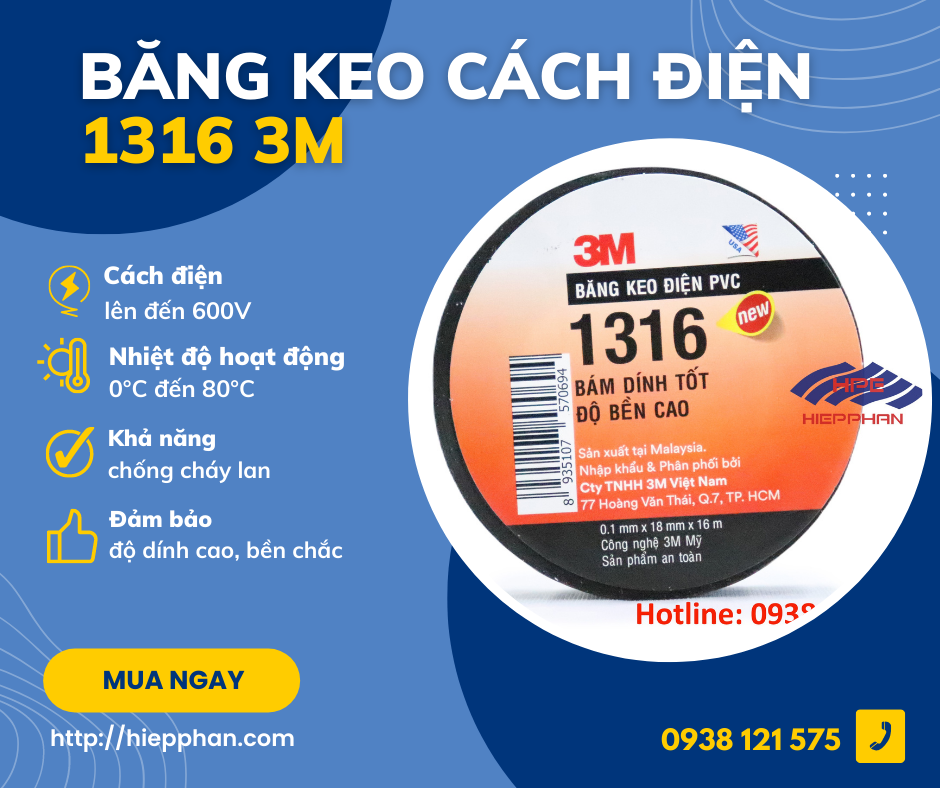 Băng keo cách điện PVC 1316 16mx18mm 3M - Đen