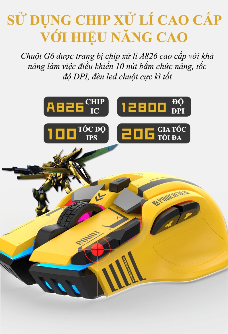 Chuột cơ chơi game G6S thiết kế robot cực ngầu với độ DPI lên đến 12800 kèm theo 13 chế độ đèn led RGB tùy chỉnh - VL