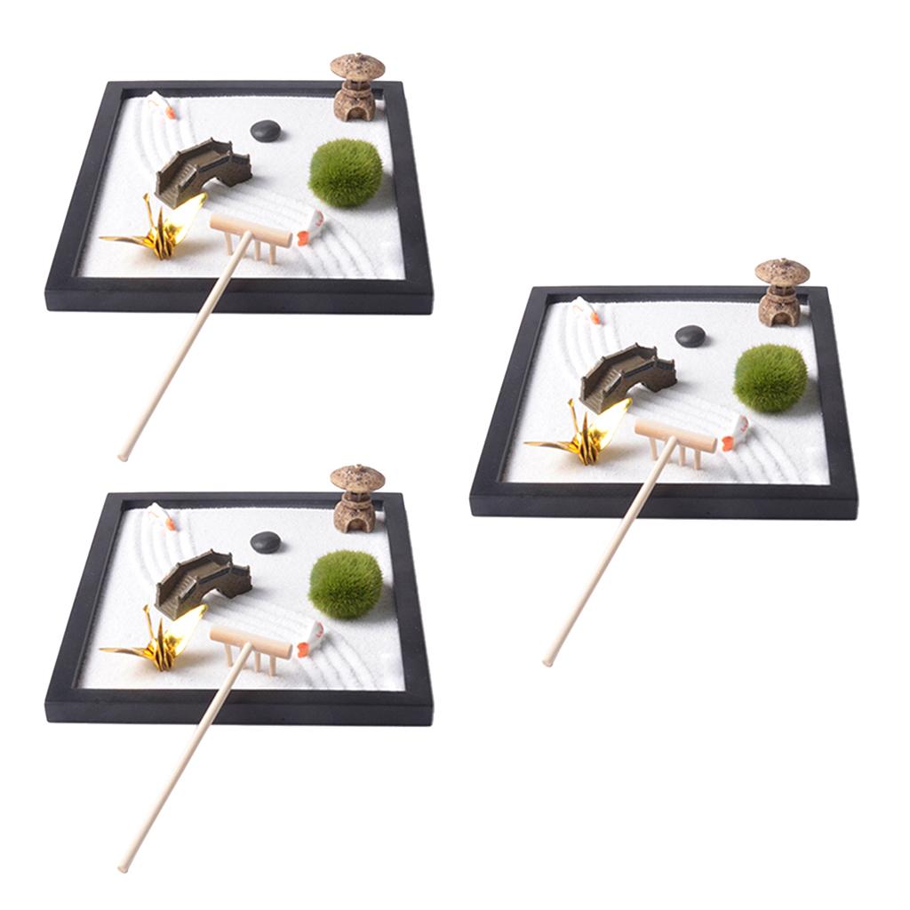 3pcs Zen Garden Set-Sand, Bridge, Chair, Paper Crane, Sand Tray Micro Landscape