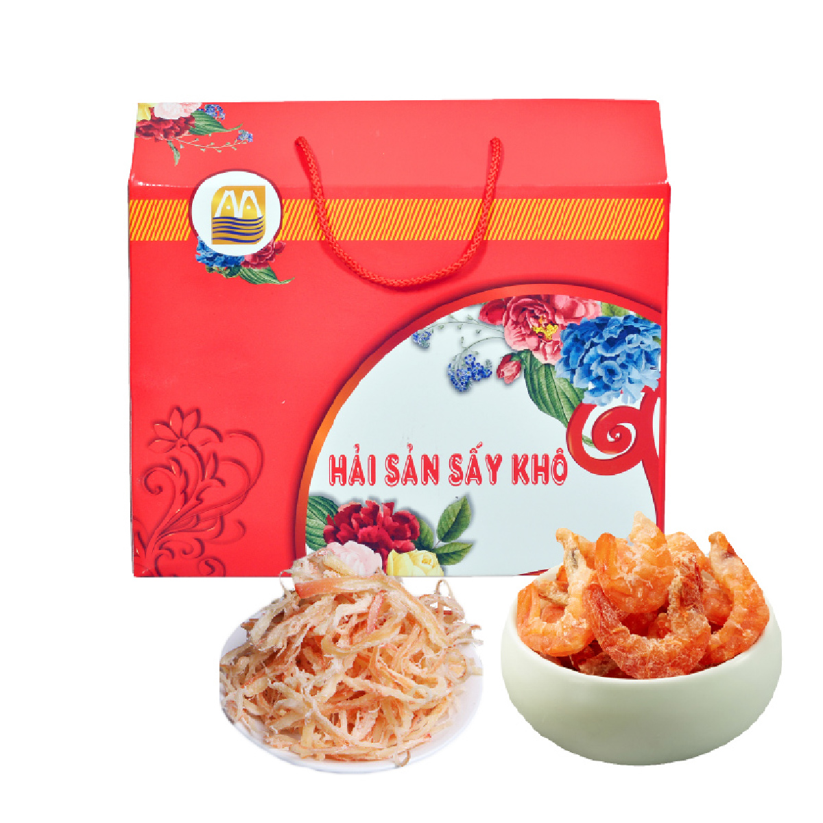Hộp quà tết 2020 - Hải sản sấy khô 01 gồm 2 túi Tôm thẻ PD - 2 túi Mực ống xé - 2 túi Tôm khô 